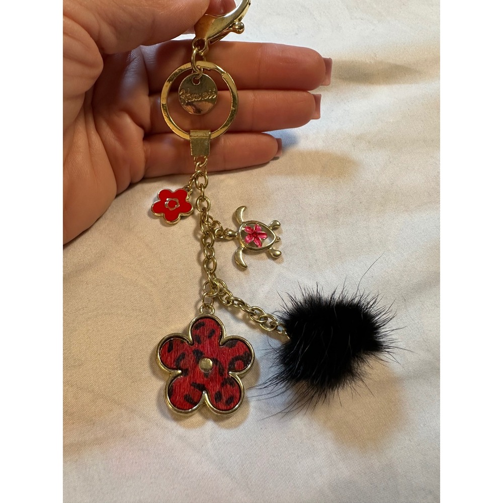 Hawaii Souvenir Keychain Gold Tone Sea Turtle Leopard Hibiscus Pom Pom Charm